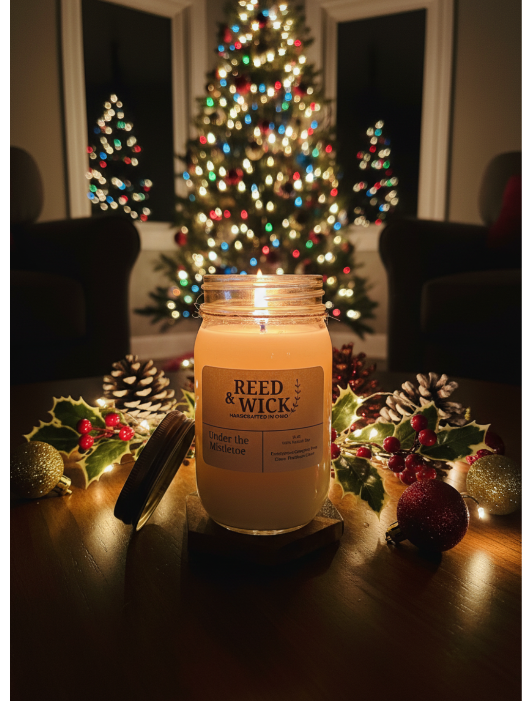 Reed & Wick candle on a table with Christmas decorations and a lit tree in the background